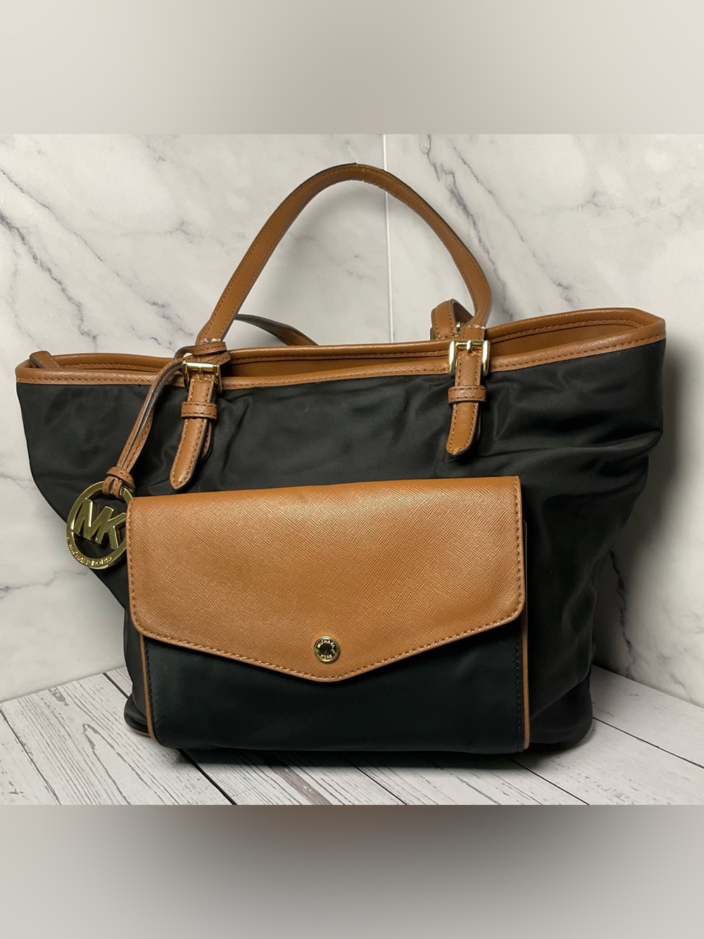 Michael Kors Black Nylon Tote with Brown Leather Trim